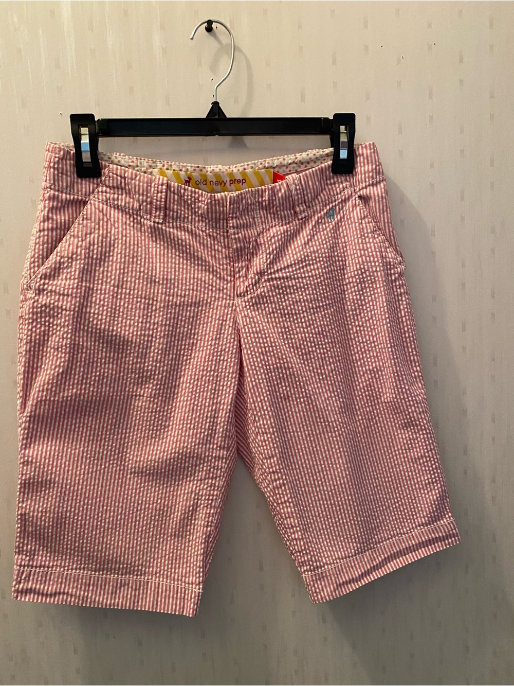 Old Navy Pink Seersucker Bermuda Shorts — Striped Prep Style